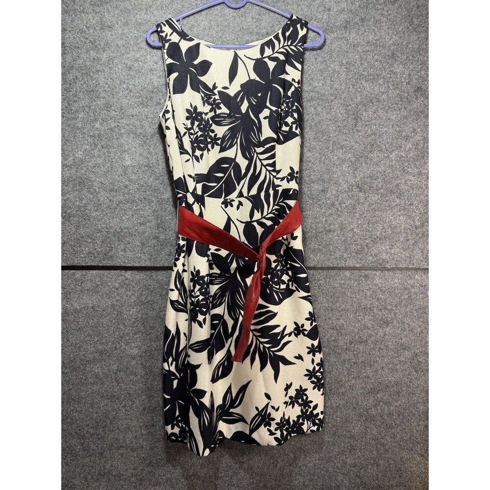 JG Hook Sleeveless Floral Dress – Size 12 – Black & Cream w/ Red Waist Sash